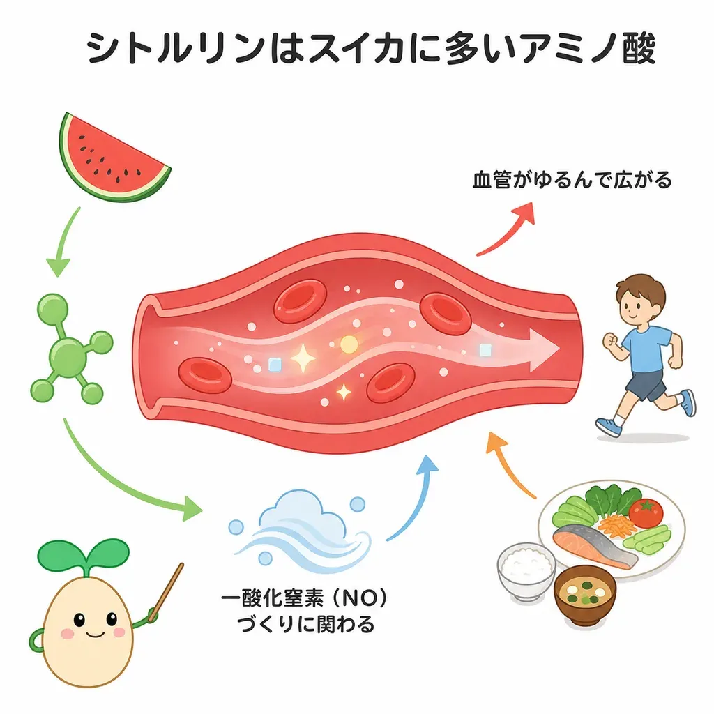 シトルリンが体の中でどんなはたらきに関わるかをやさしく示した図