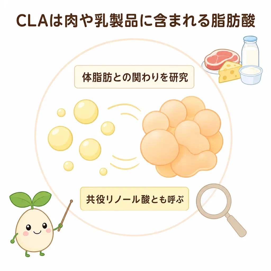 共役リノール酸（CLA）が体の中でどんなはたらきに関わるかをやさしく示した図