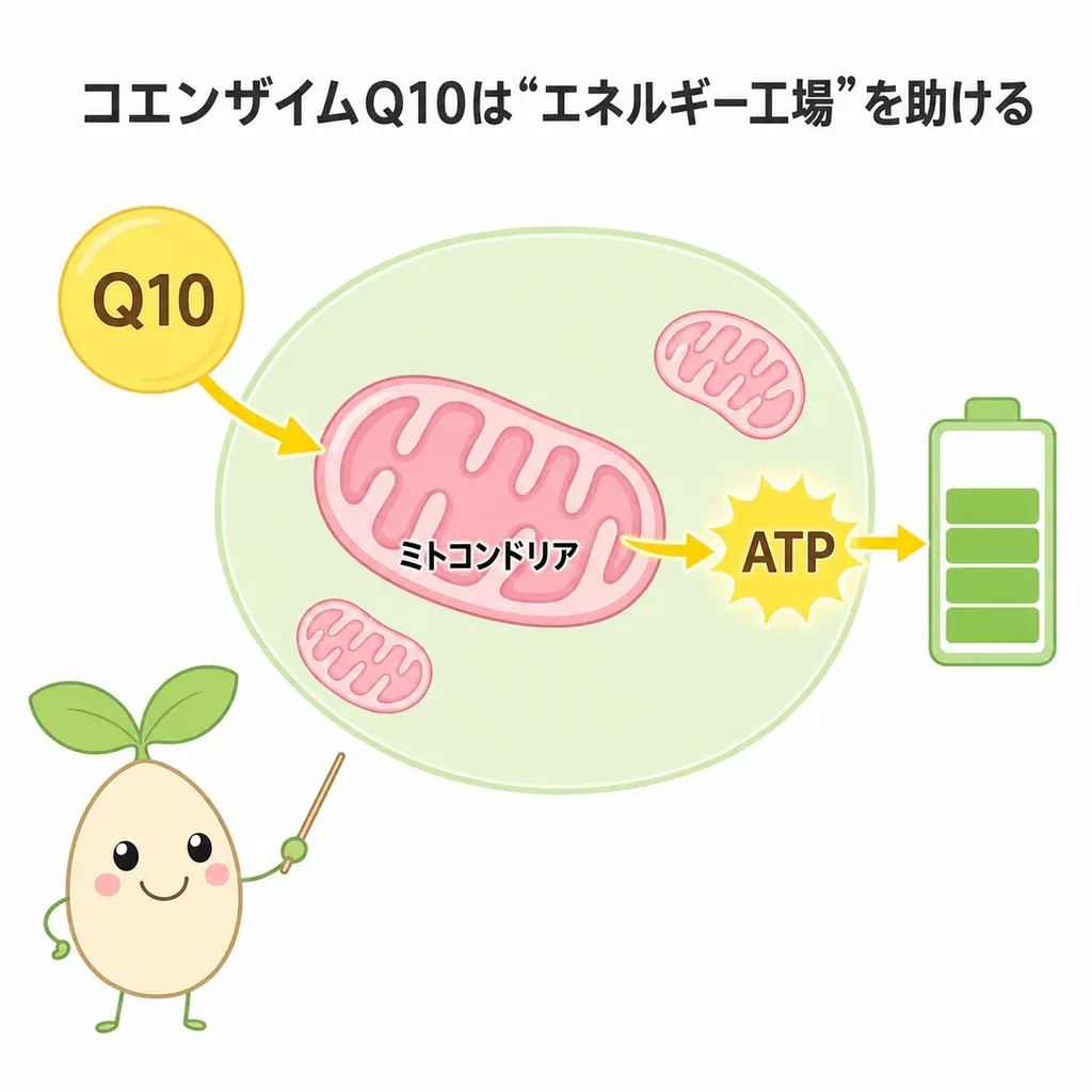 CoQ10が細胞のエネルギー工場の働きに関わるイメージ(疲労への効果は結論が出ていません)
