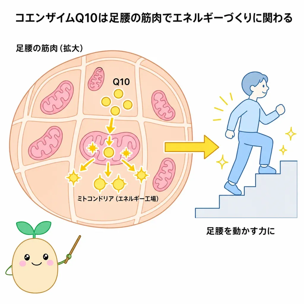 コエンザイムQ10が筋肉のミトコンドリアでのエネルギーづくりに関わり、加齢で減るとされるイメージ