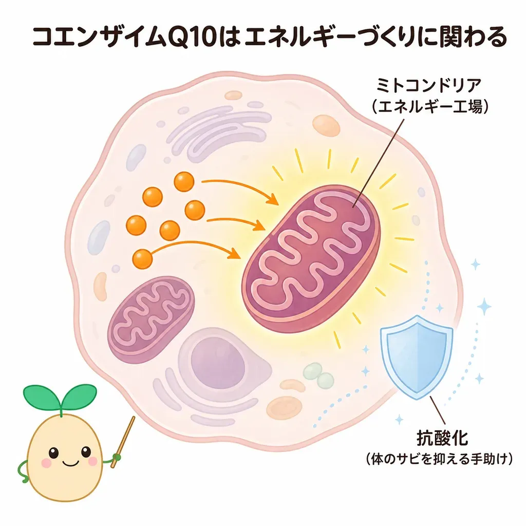 コエンザイムQ10が体の中でどんなはたらきに関わるかをやさしく示した図