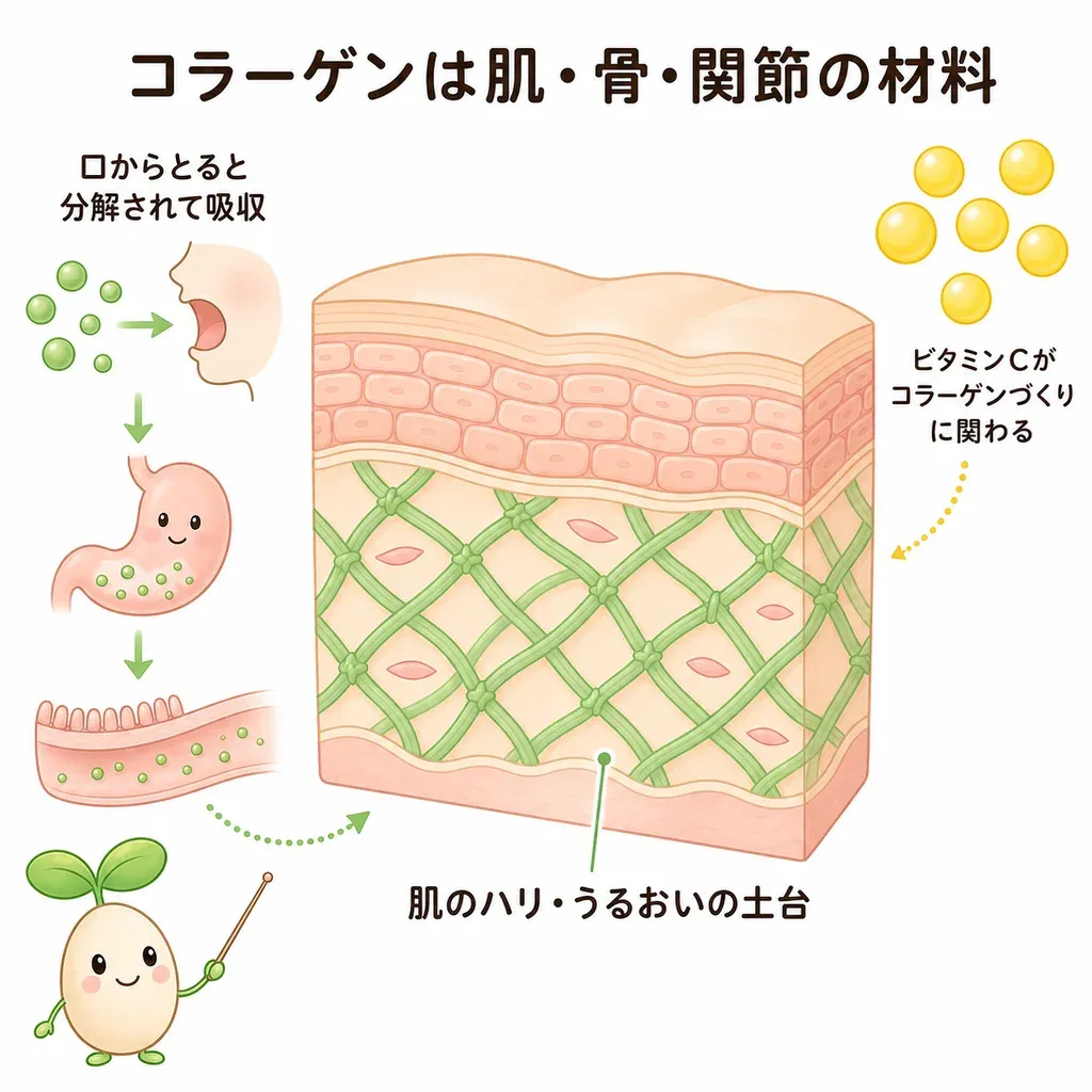 コラーゲンペプチドが体の中でどんなはたらきに関わるかをやさしく示した図