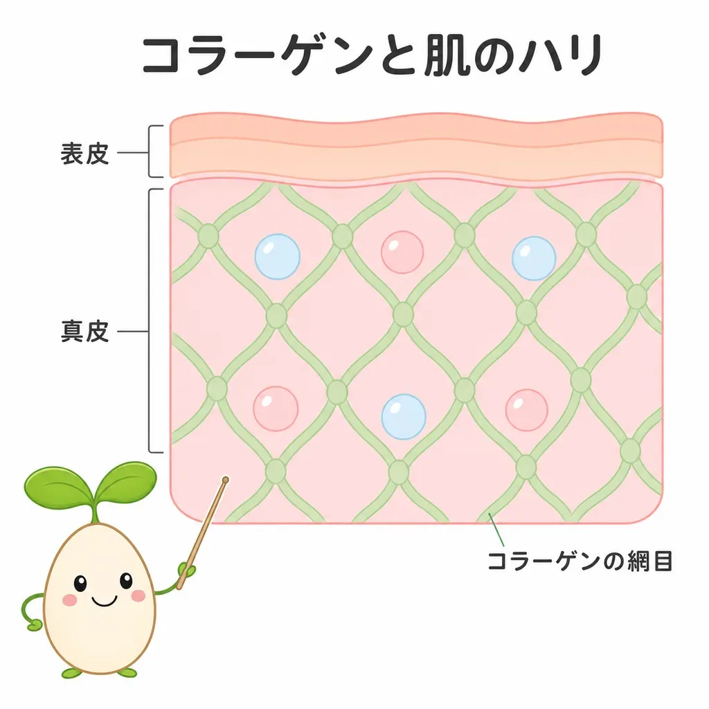 コラーゲンペプチドが吸収され、年齢で減りやすい肌の土台で材料づくりを後押しするとされるイメージ