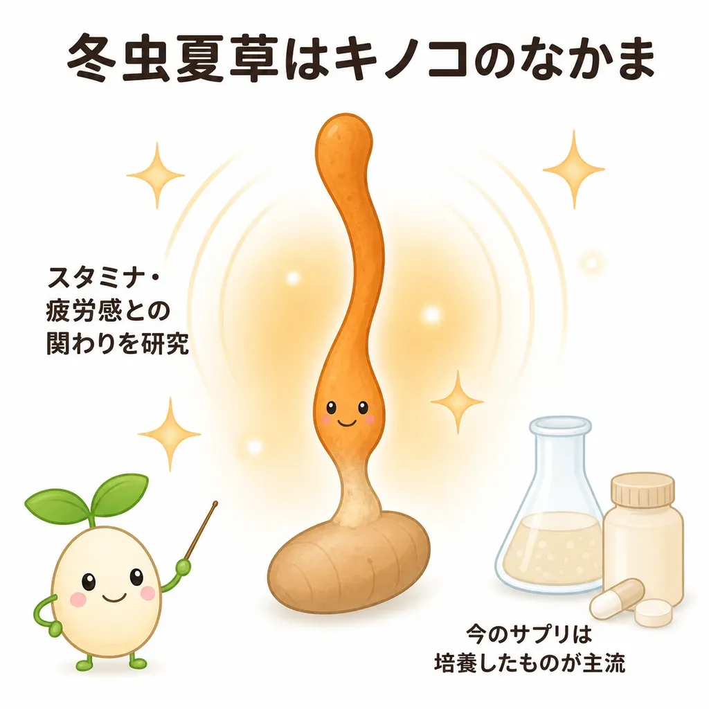 冬虫夏草(コルジセプス)が体の中でどんなはたらきに関わるかをやさしく示した図