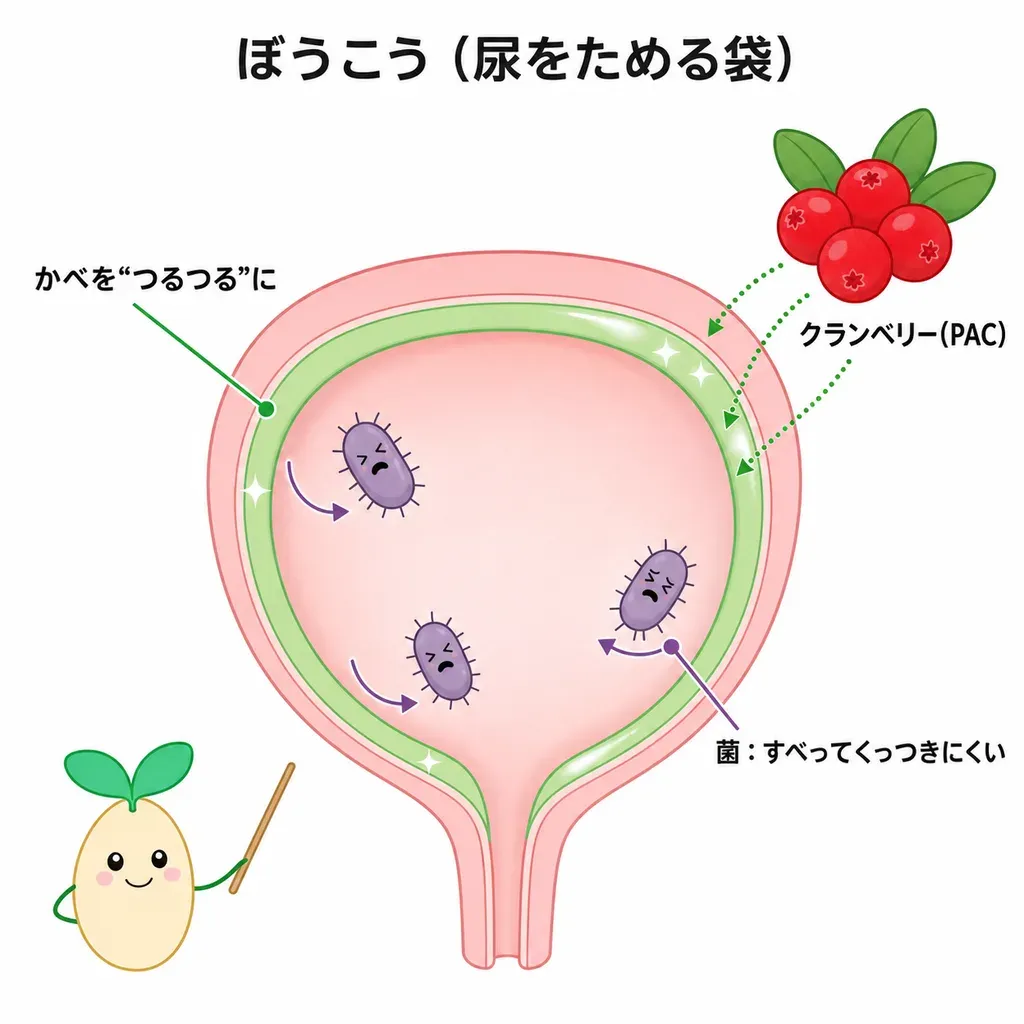 クランベリーの成分が、菌を尿路のかべにくっつきにくくすると考えられているイメージ