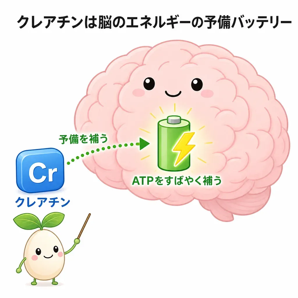 筋肉で有名なクレアチンが、エネルギーを多く使う脳でもエネルギー（ATP）をすばやく補う『予備バッテリー』として働き、とくに睡眠不足や加齢で脳が疲れている場面で考える力を支えることが研究されていることを示すイメージ