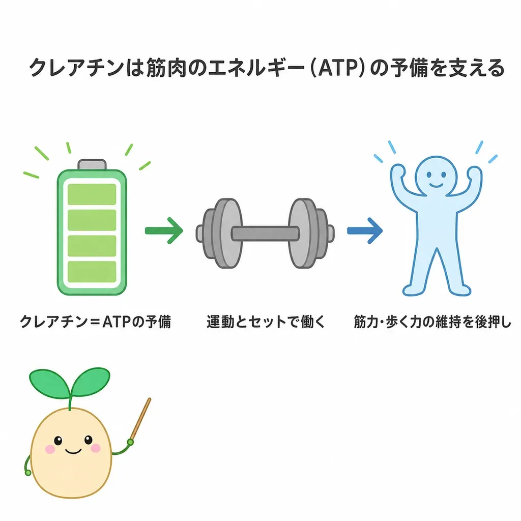 クレアチンが筋肉のエネルギー(ATP)の予備を支え、運動の効果を後押しするイメージ