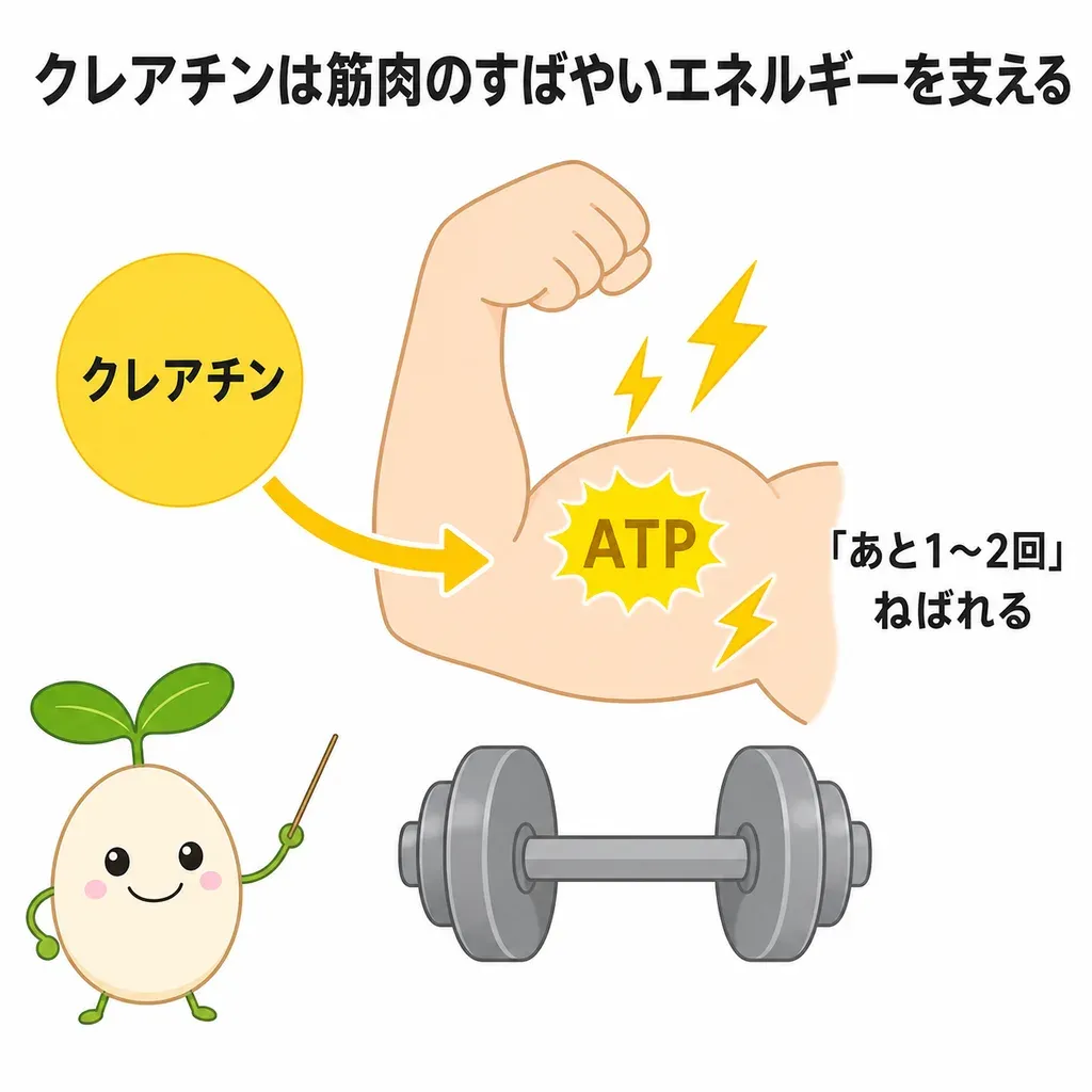クレアチンが筋肉のエネルギーを素早く再生し、筋トレの成果を後押しするイメージ