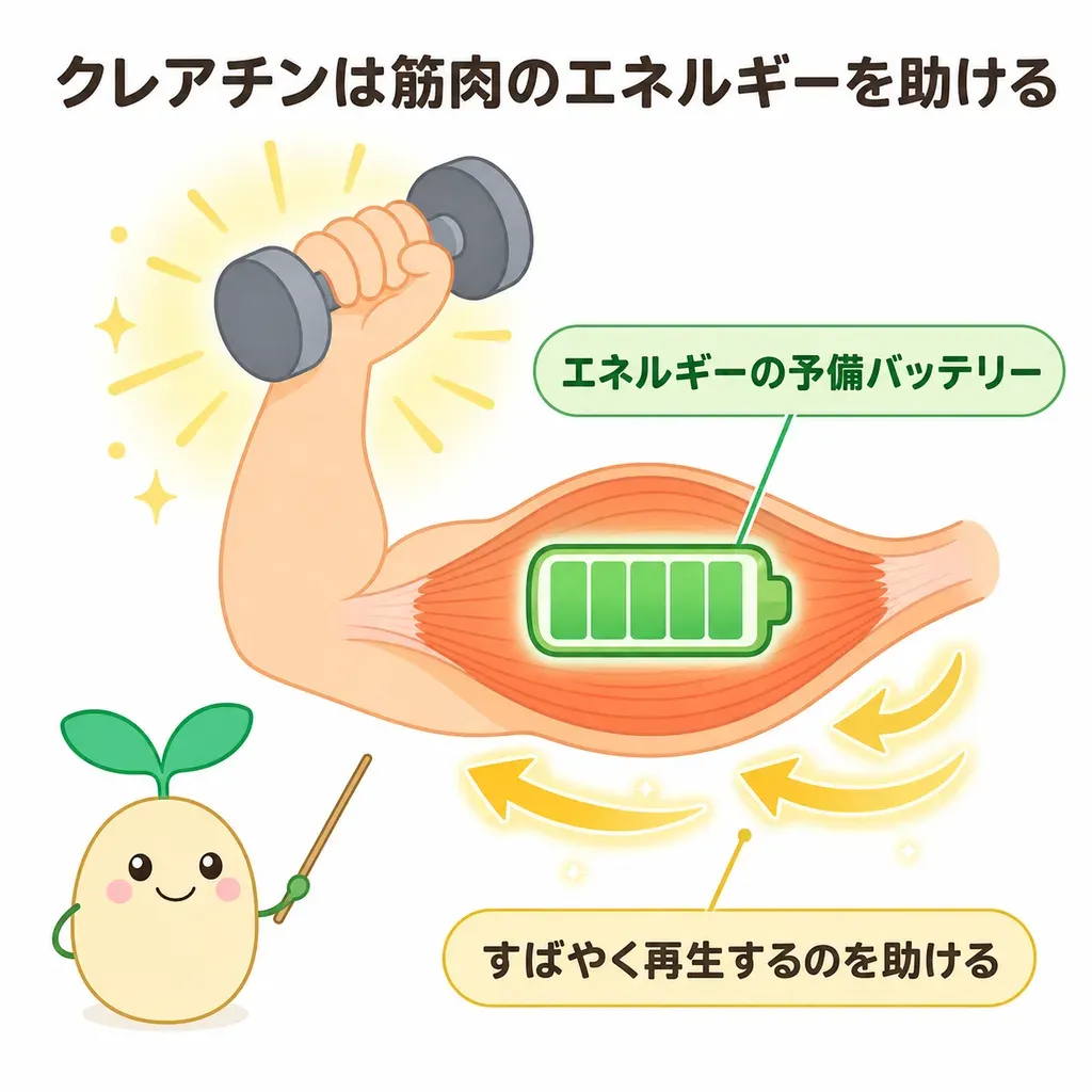 クレアチンが体の中でどんなはたらきに関わるかをやさしく示した図