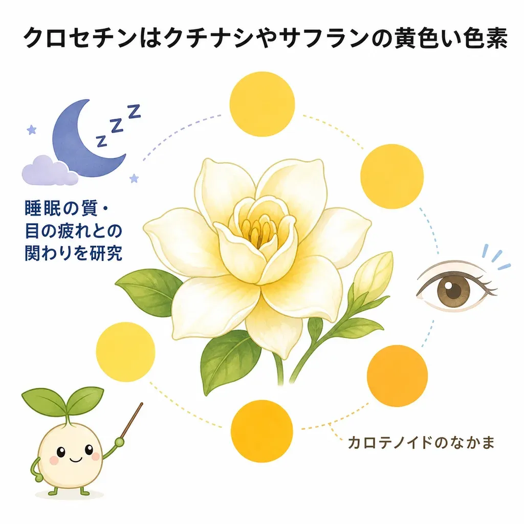クロセチンが体の中でどんなはたらきに関わるかをやさしく示した図
