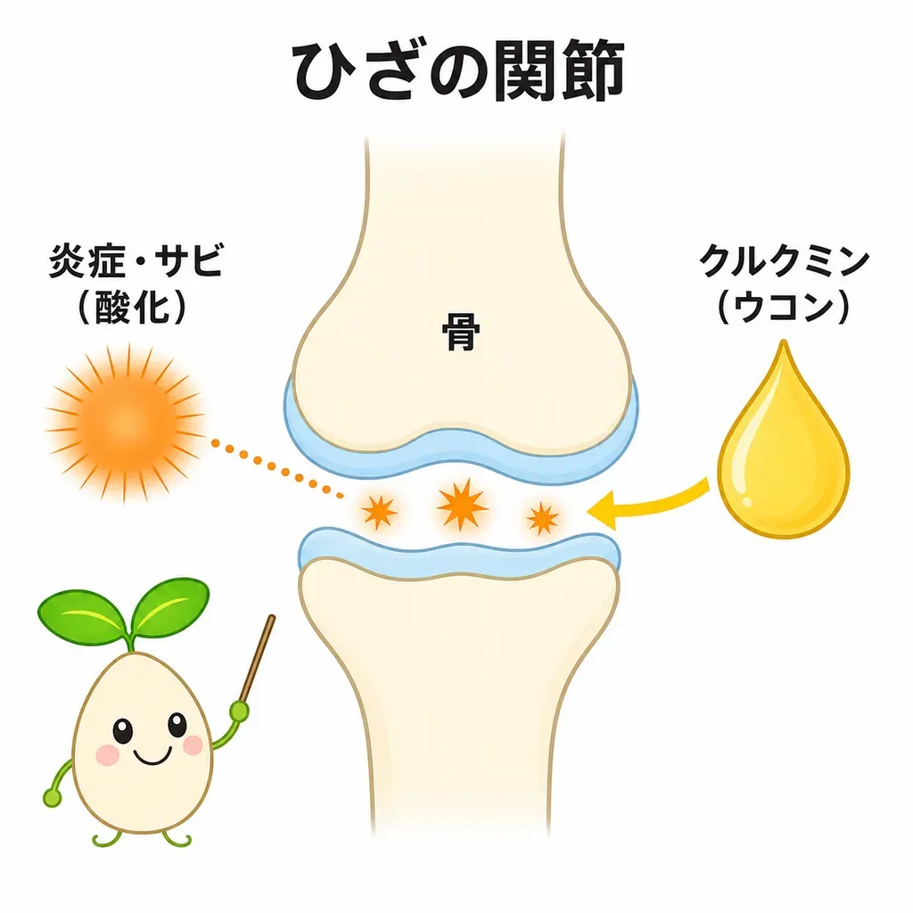 ウコンの色素クルクミンが、抗酸化や炎症に関わる経路に関与するとされるイメージ