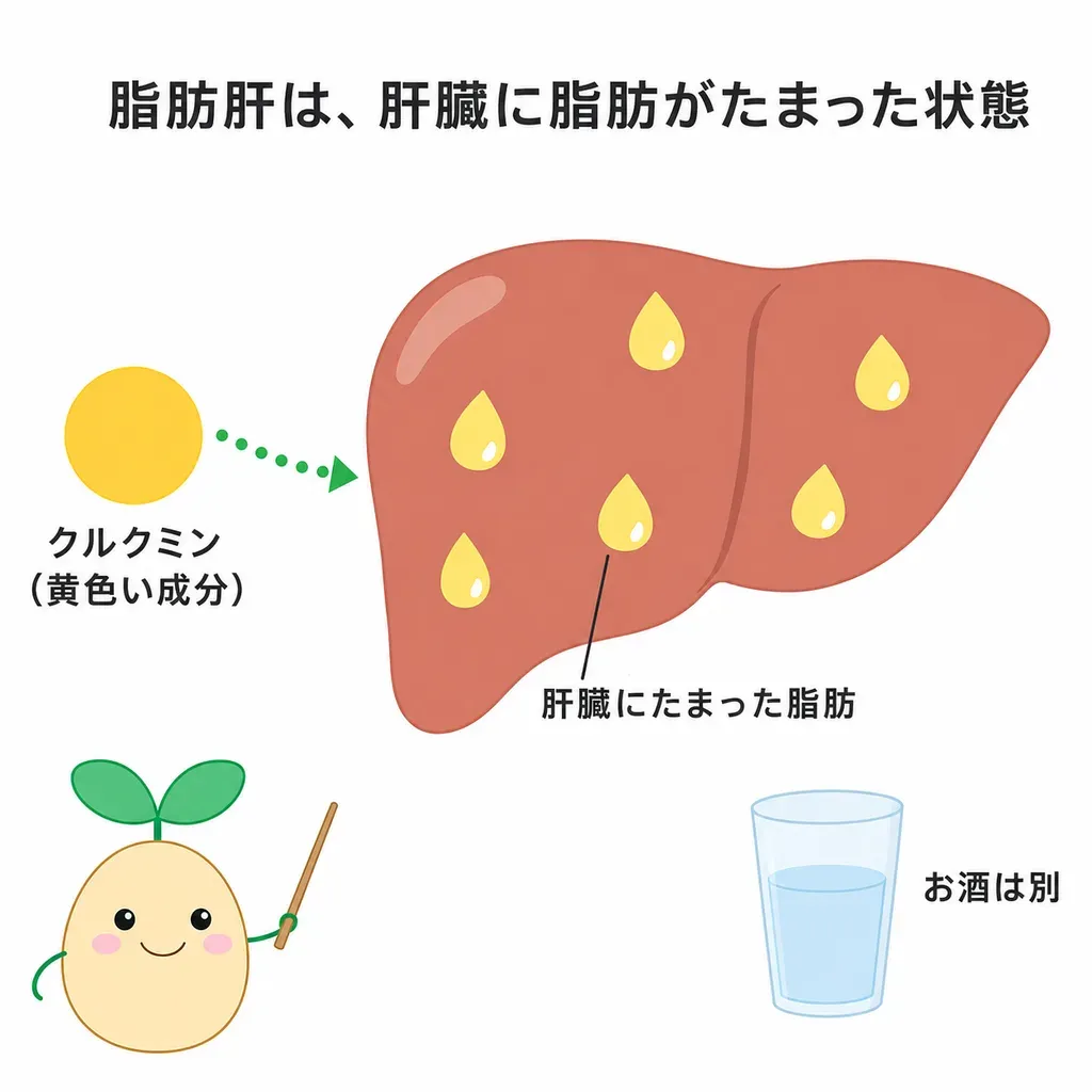 クルクミン(ウコンの黄色い成分)が体の炎症や酸化に関わり、脂肪肝での肝臓の指標との関連が研究されていることをやさしく示した図