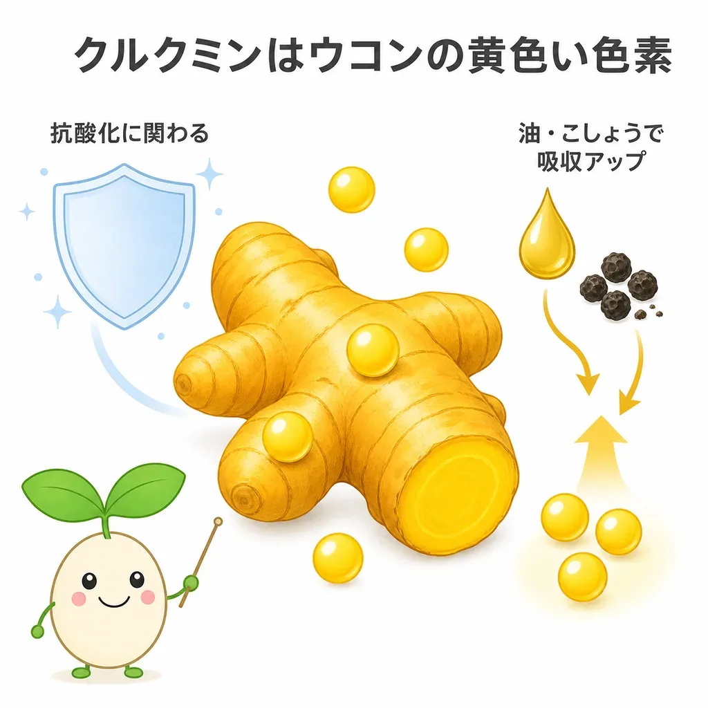 クルクミン（ウコン）が体の中でどんなはたらきに関わるかをやさしく示した図