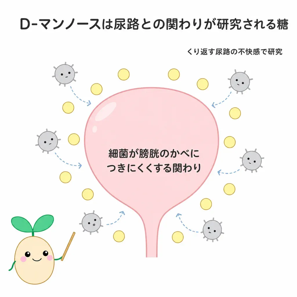 D-マンノースが体の中でどんなはたらきに関わるかをやさしく示した図