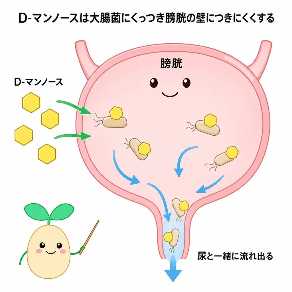 D-マンノースが尿の中で大腸菌などにくっつき、膀胱の壁に菌がつきにくくして流し出すと考えられる一方、くり返しの予防効果は研究によって結果が分かれることを示すイメージ