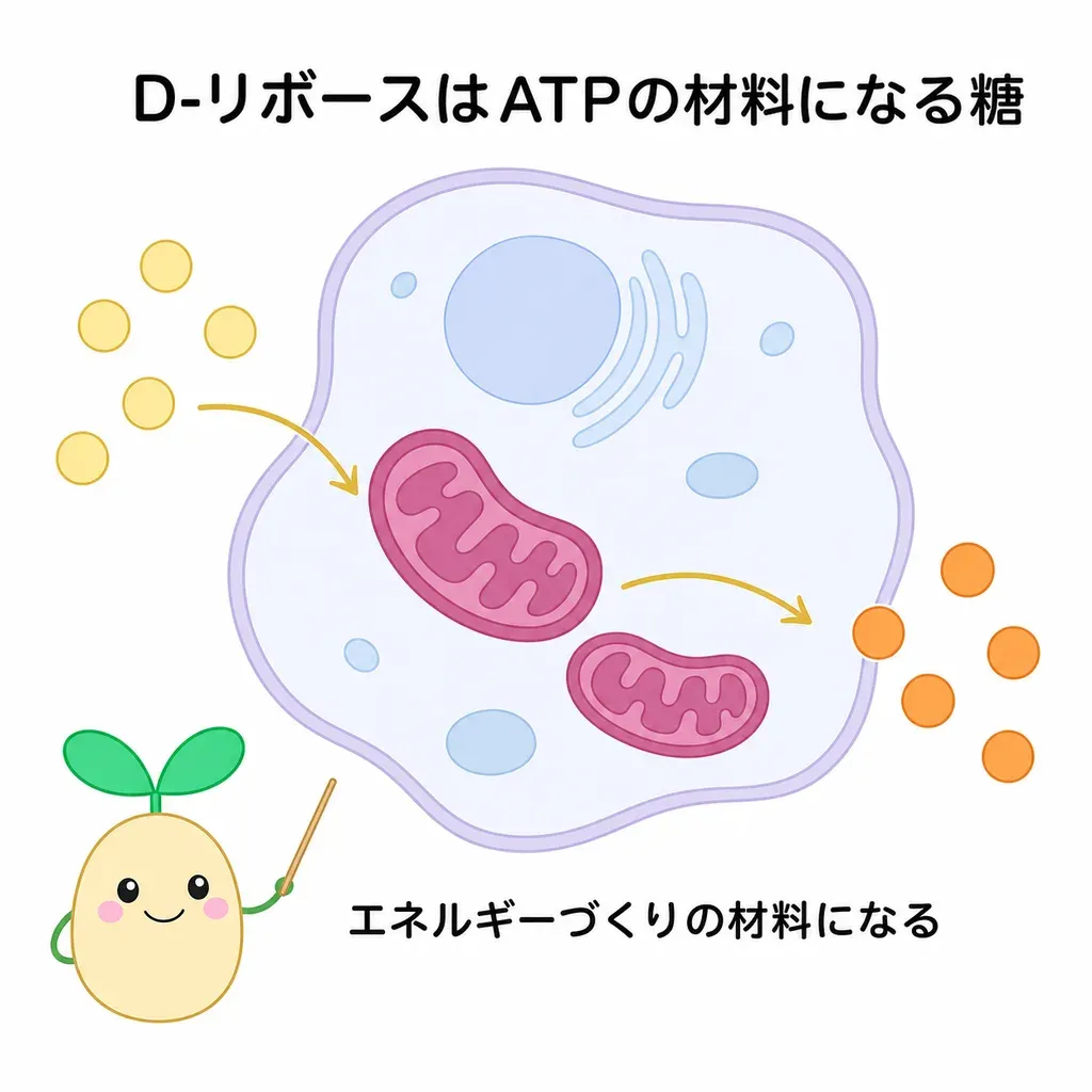D-リボースが体の中でどんなはたらきに関わるかをやさしく示した図