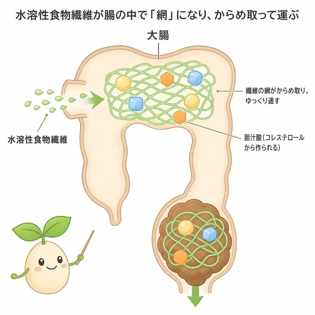 水溶性食物繊維が胆汁酸を絡めて排出し、肝臓が血中のコレステロールから胆汁酸を補うことで、血中コレステロールの低下に関わるイメージ