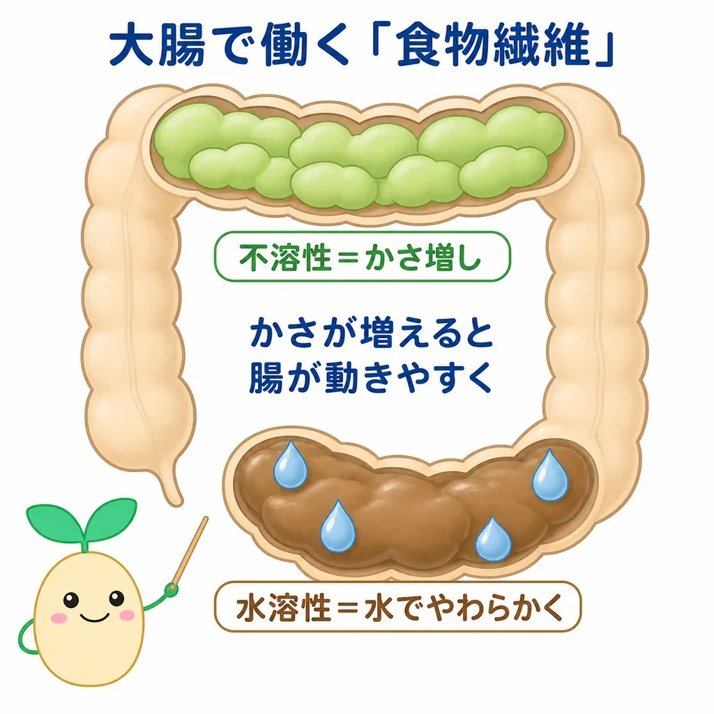 不溶性食物繊維が便のかさを増やして腸を動かし、水溶性食物繊維が水を抱えて便をやわらかくするイメージ