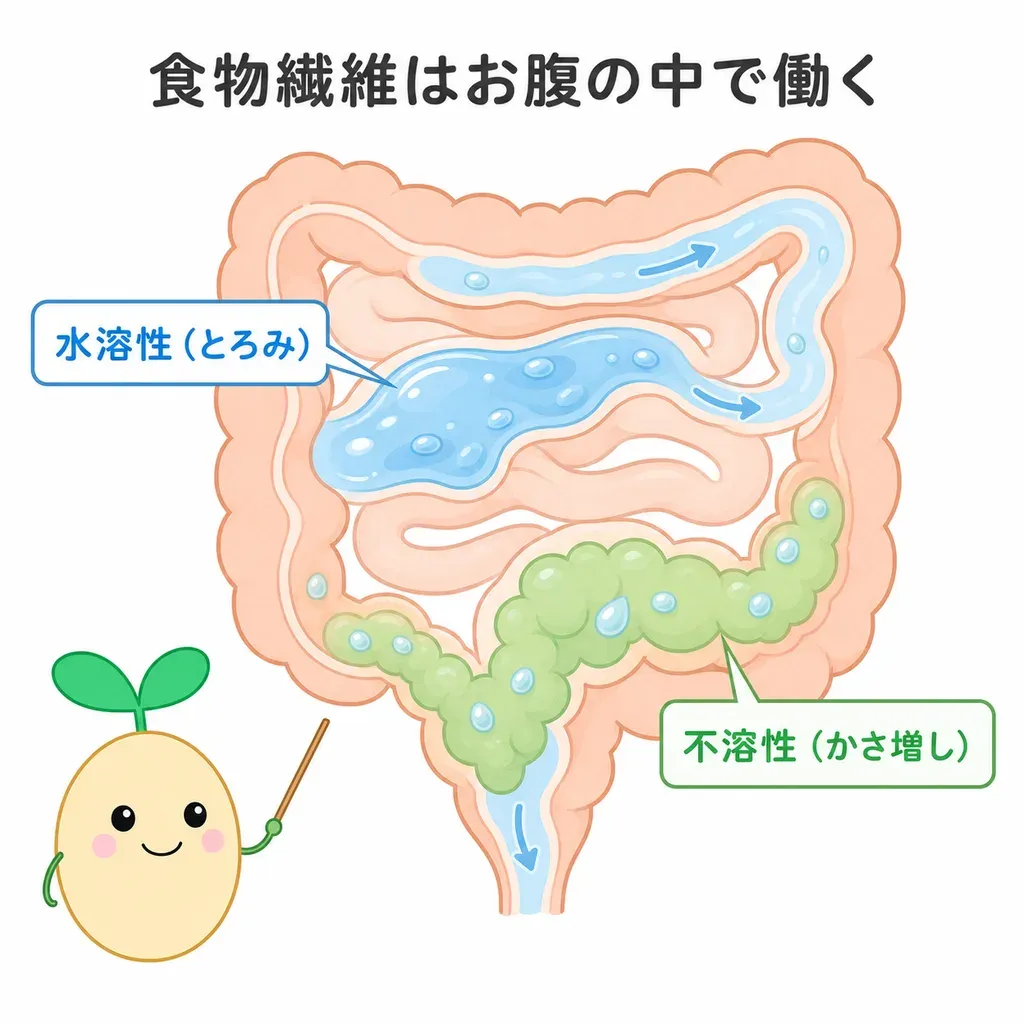 食物繊維が体の中でどんなはたらきに関わるかをやさしく示した図