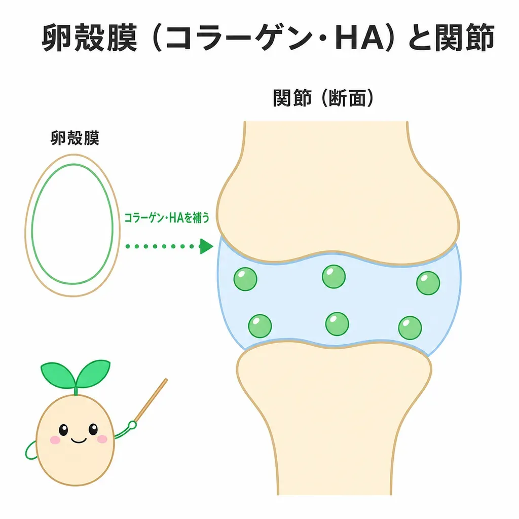 卵殻膜が含むコラーゲン・ヒアルロン酸などが関節の軟骨や炎症との関わりで研究され、痛み・こわばりが和らぐかが調べられているイメージ