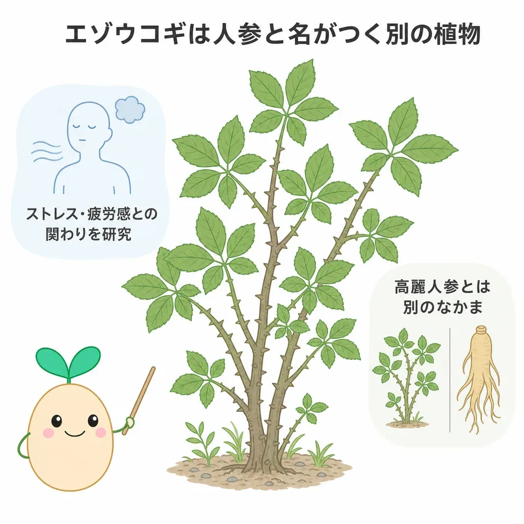 エゾウコギ(シベリア人参)が体の中でどんなはたらきに関わるかをやさしく示した図