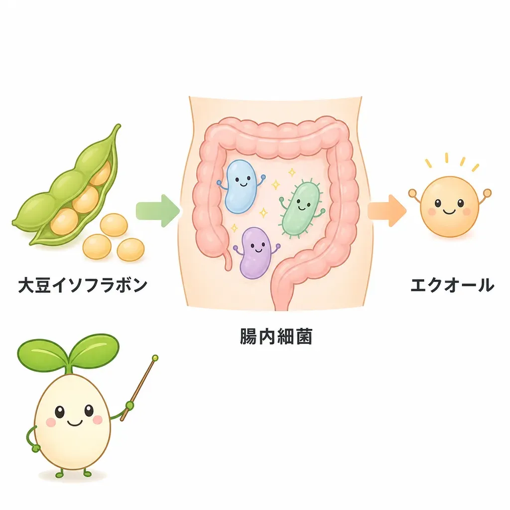 大豆イソフラボンが腸内細菌の働きでエクオールに変わる。作れる量には個人差がある。