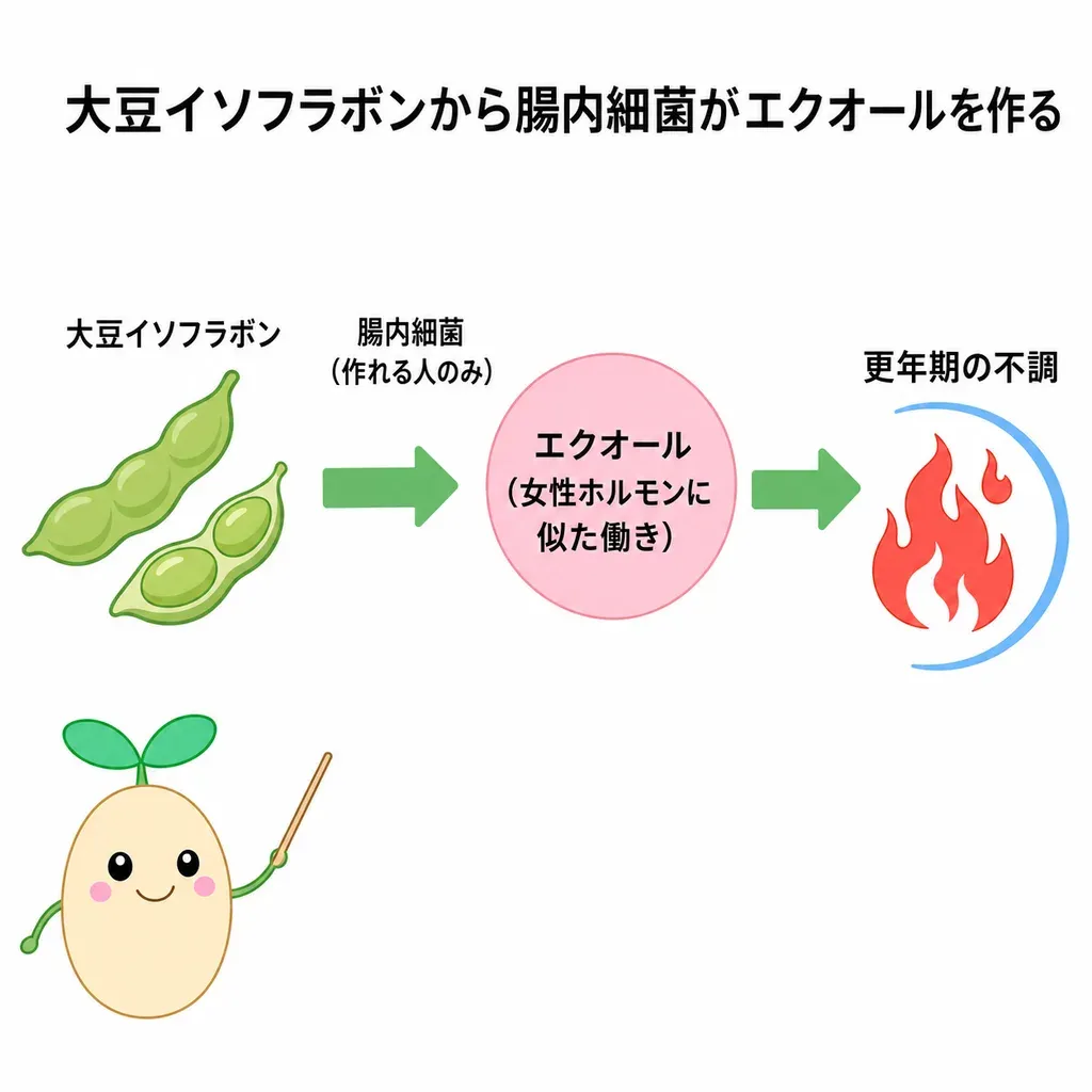 大豆イソフラボンから腸内細菌がエクオールを作り、女性ホルモンに似た働きで更年期の不調との関係が研究される(作れる人・作れない人がいる)イメージ