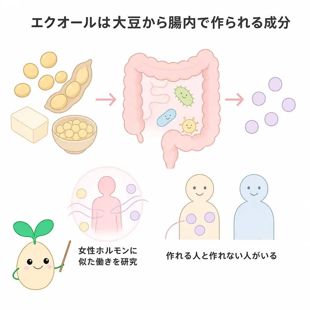 エクオールが体の中でどんなはたらきに関わるかをやさしく示した図