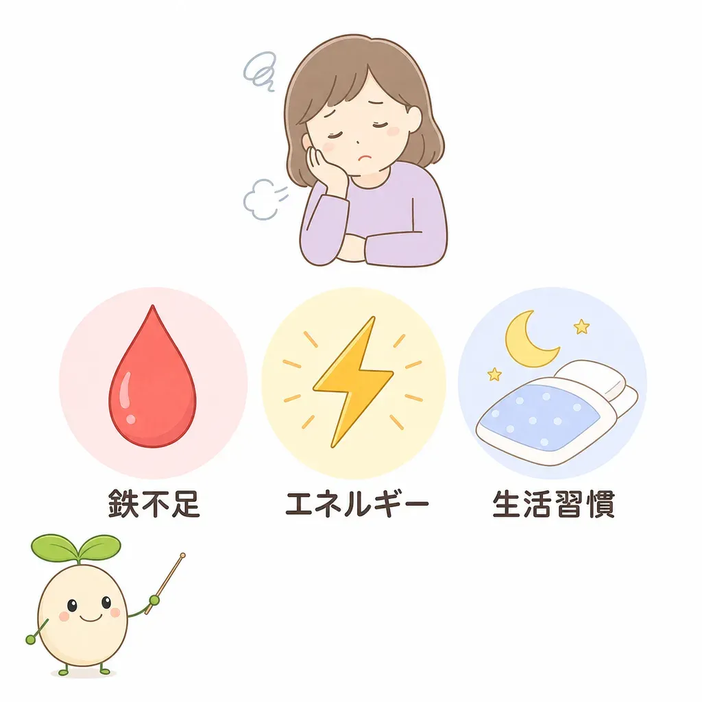 疲れの原因は1つではない。鉄不足・エネルギー産生・生活習慣の3タイプで考える。