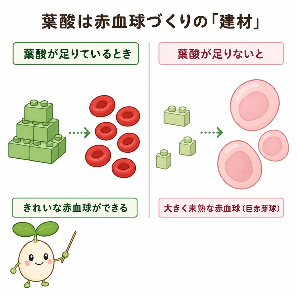 葉酸が赤血球づくりの建材になり、不足すると大きく未熟な赤血球になりやすいイメージ