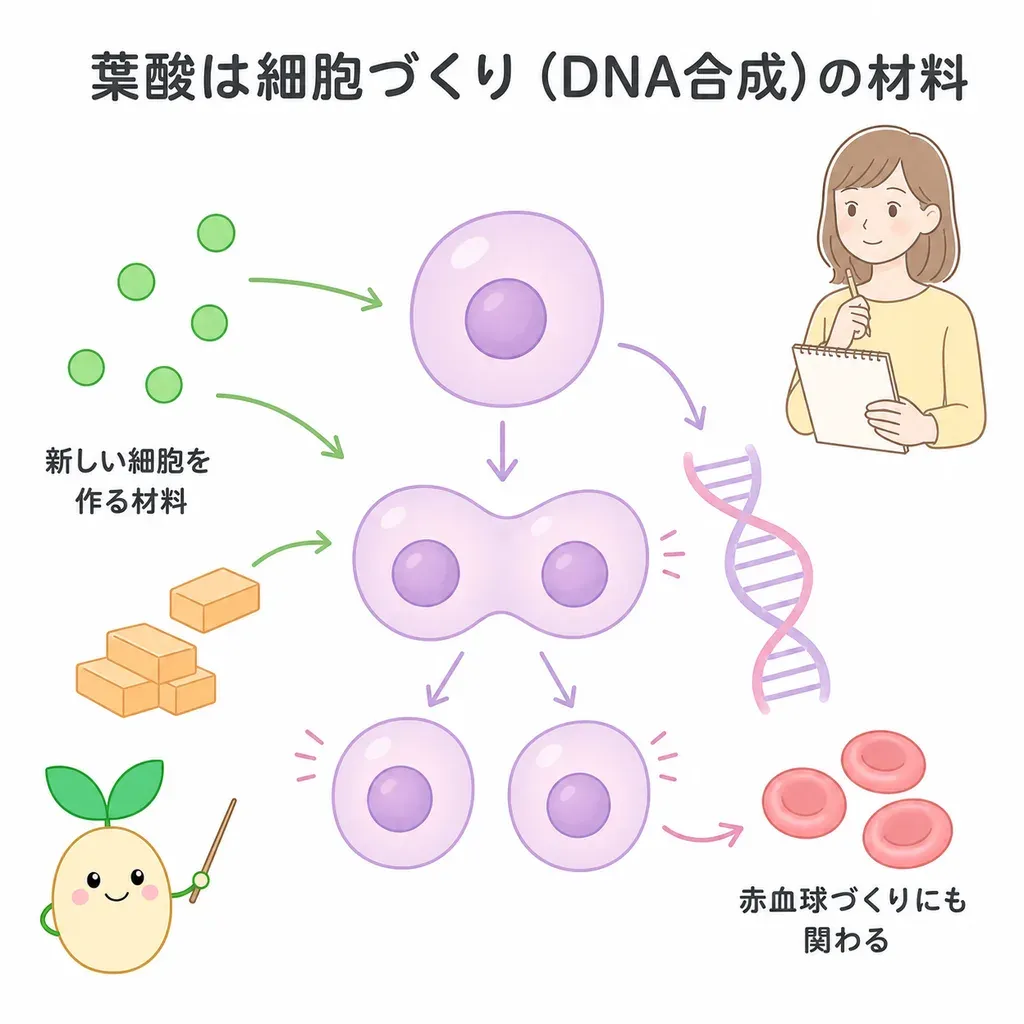 葉酸が体の中でどんなはたらきに関わるかをやさしく示した図