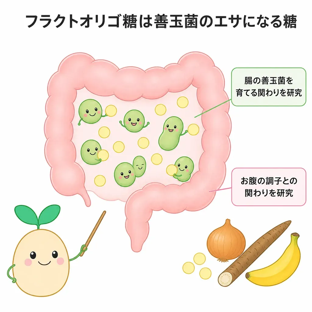 フラクトオリゴ糖（FOS）が体の中でどんなはたらきに関わるかをやさしく示した図
