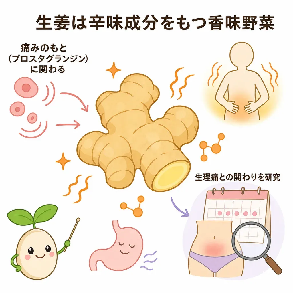 ジンジャー（生姜）が体の中でどんなはたらきに関わるかをやさしく示した図
