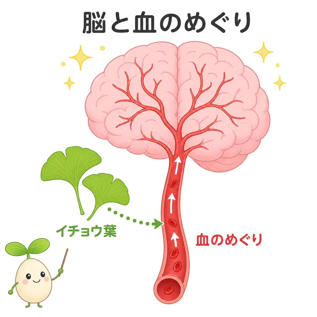 イチョウ葉の成分が体のめぐりや抗酸化を通じて脳の働きを支えるイメージ