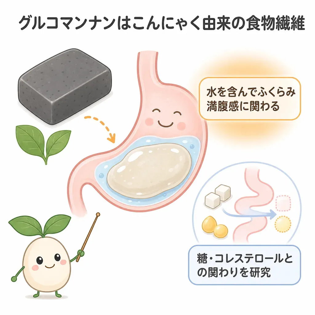 グルコマンナンが体の中でどんなはたらきに関わるかをやさしく示した図