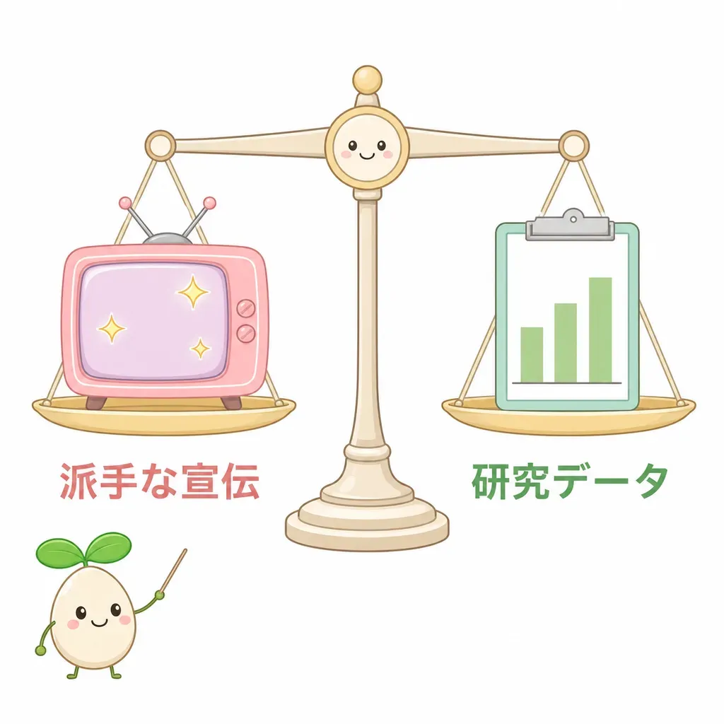 派手な宣伝と研究データは、分けて見るのがコツです。