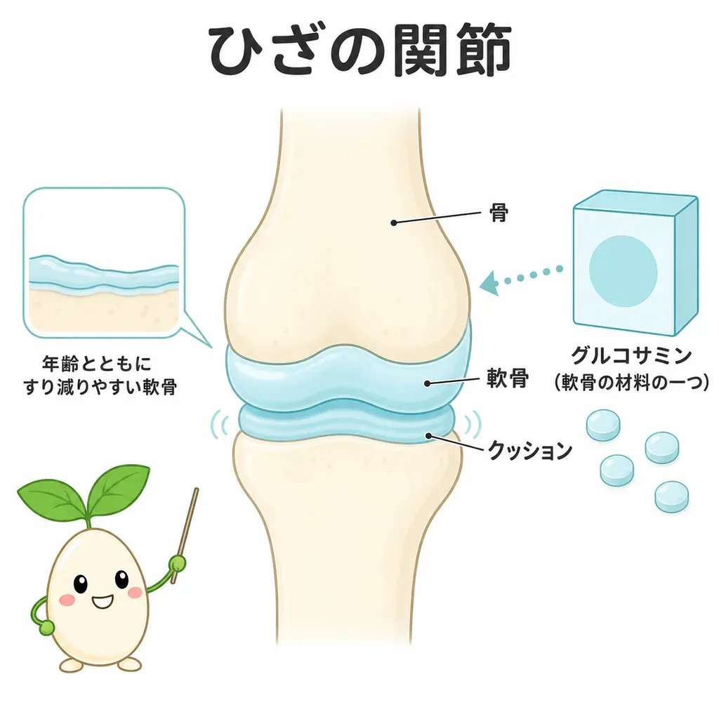 グルコサミンが、関節のクッション(軟骨)の材料の一部として関わると考えられているイメージ