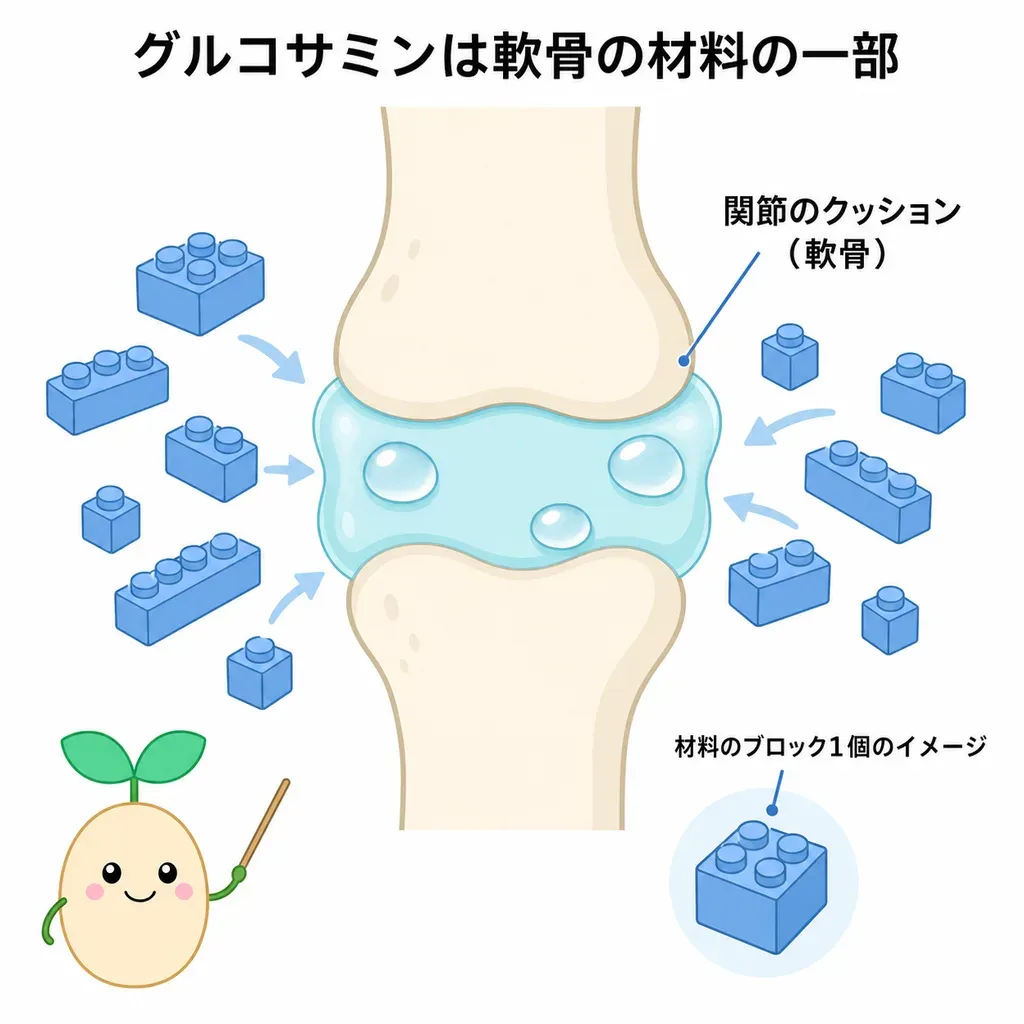 グルコサミンが体の中でどんなはたらきに関わるかをやさしく示した図