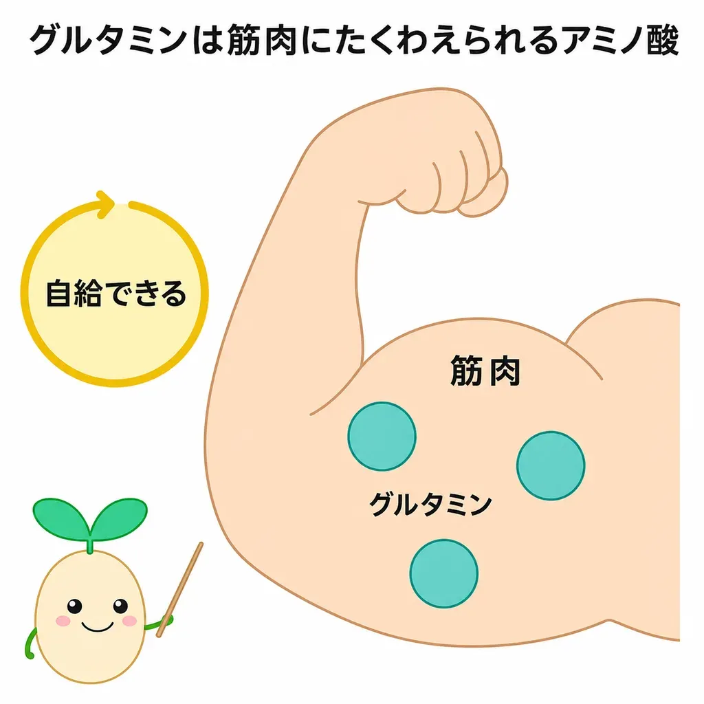 グルタミンは筋肉にたくわえられるアミノ酸で、消耗の大きい運動後の回復をめぐって研究されているイメージ