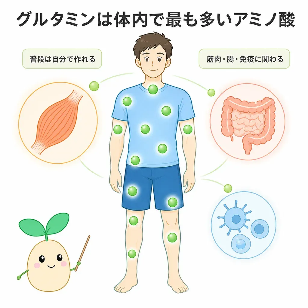 グルタミンが体の中でどんなはたらきに関わるかをやさしく示した図