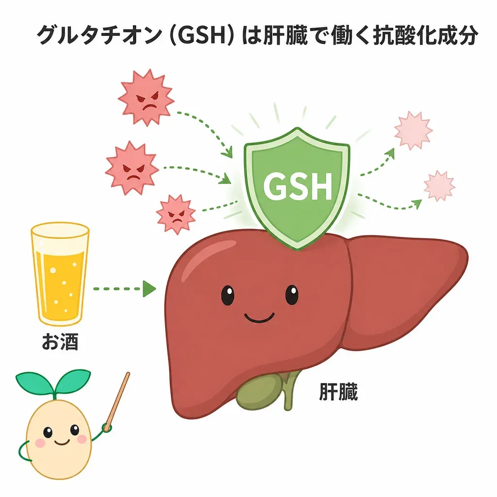 グルタチオンが肝臓で働く抗酸化の主役で、お酒などの処理で生じる酸化ストレスを和らげる側に関わるイメージ