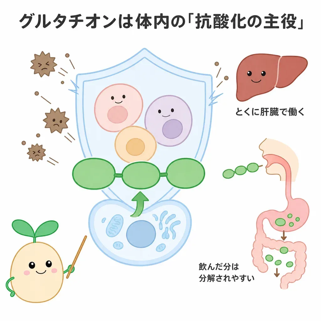 グルタチオンが体の中でどんなはたらきに関わるかをやさしく示した図