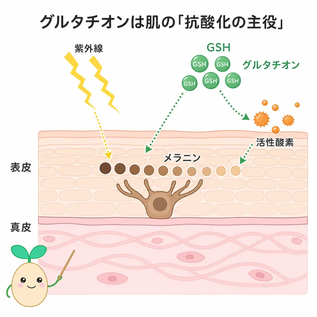 抗酸化の主役グルタチオンが、紫外線などで生まれる活性酸素を受け止め、肌の酸化ダメージを和らげるとされるイメージ