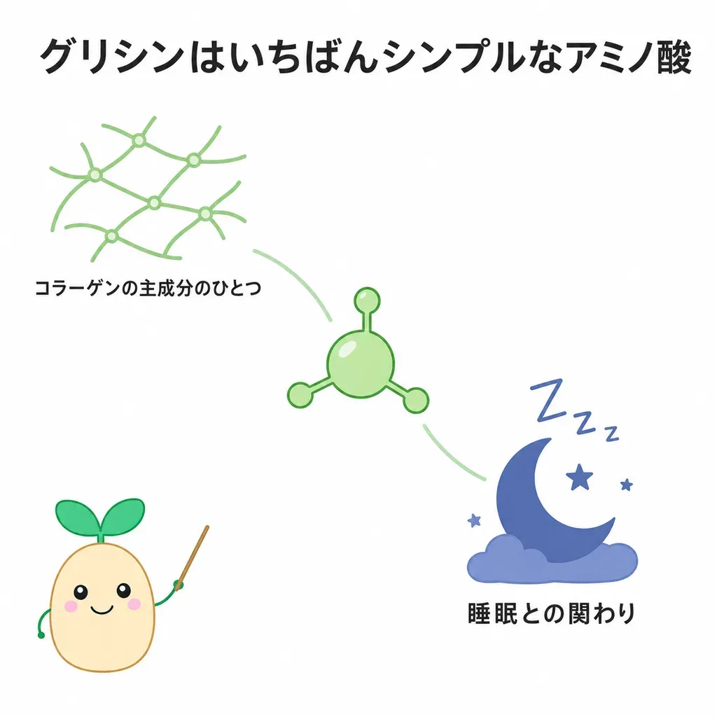 グリシンが体の中でどんなはたらきに関わるかをやさしく示した図