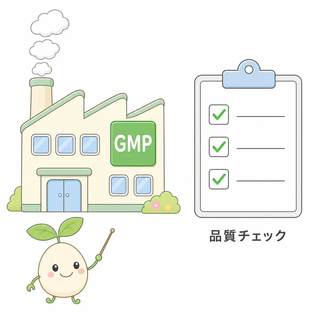GMPは“工場での作り方のルール”。中身がラベルどおりか、汚れがないかを確かめる仕組みです。