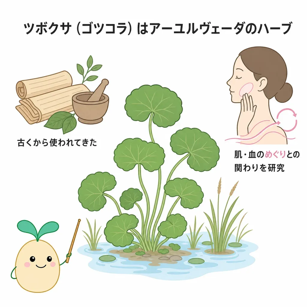 ゴツコラ（ツボクサ）が体の中でどんなはたらきに関わるかをやさしく示した図