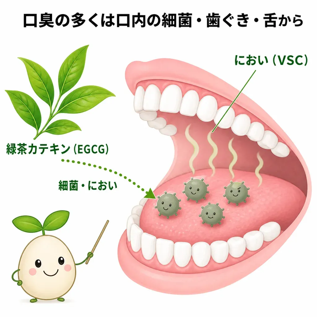 歯の表面にたまる細菌のかたまり（プラーク）が歯ぐきの炎症（歯肉炎・歯周）の引き金になること、緑茶カテキン（EGCG）が口内の細菌や炎症に関わると研究されている一方、歯ぐきの健康を保つ基本は歯みがきと歯科でのケアであることを示すイメージ