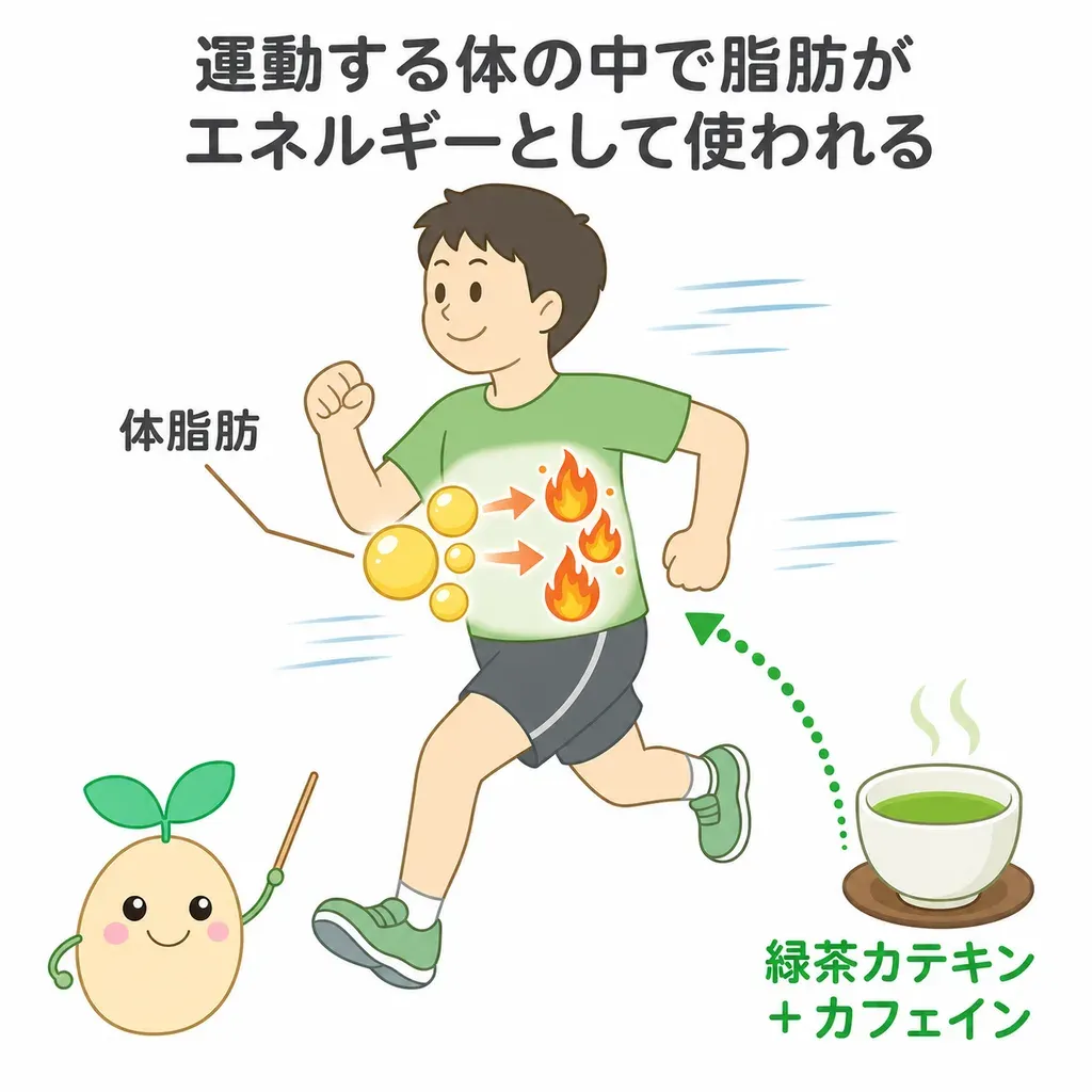 緑茶カテキン（とカフェイン）が、エネルギーを使う働きにそっと関わるイメージ