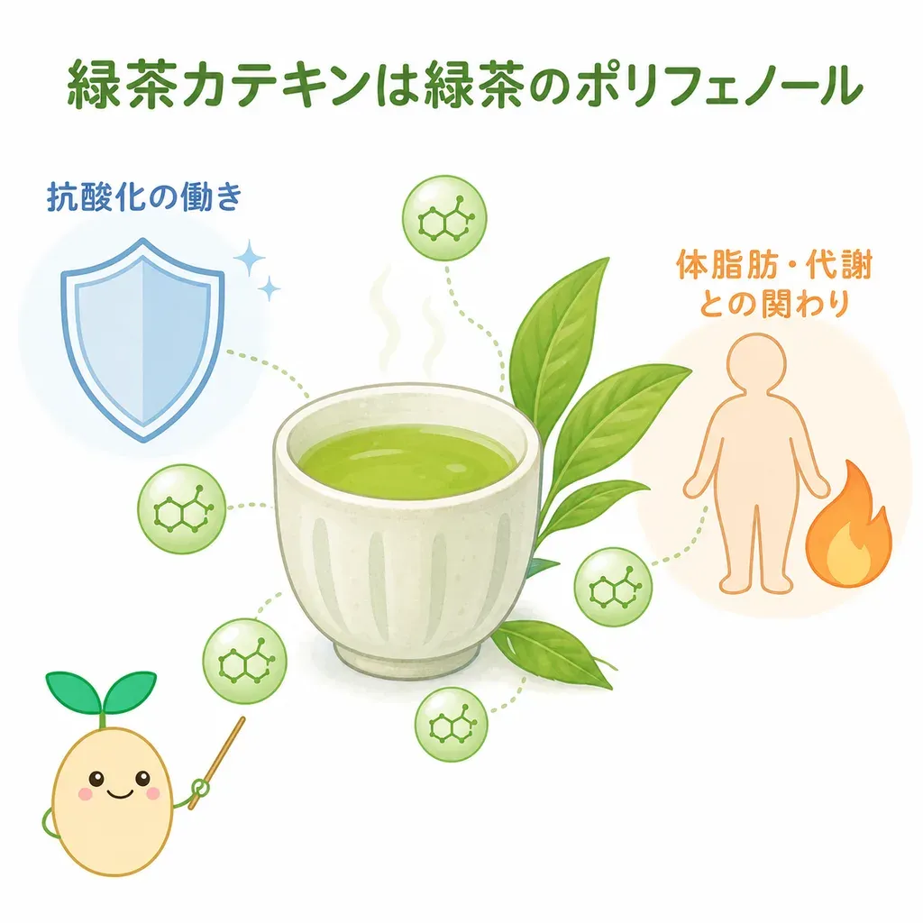 緑茶カテキンが体の中でどんなはたらきに関わるかをやさしく示した図