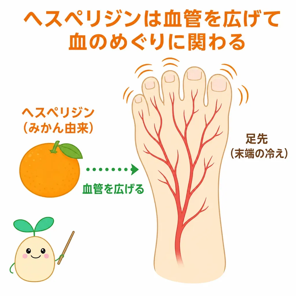 ヘスペリジン（柑橘ポリフェノール）が血管をひろげる働きに関わり、冷たい刺激での冷えの感覚が和らぐことが研究される一方、研究は小規模であることを示すイメージ